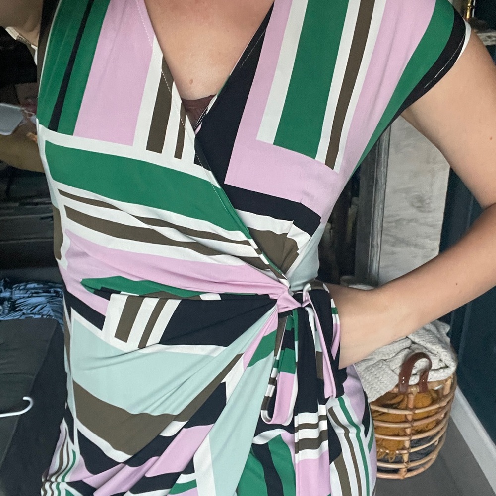 Maggy London Asymmetrical Dress in Green, Pink, and Brown